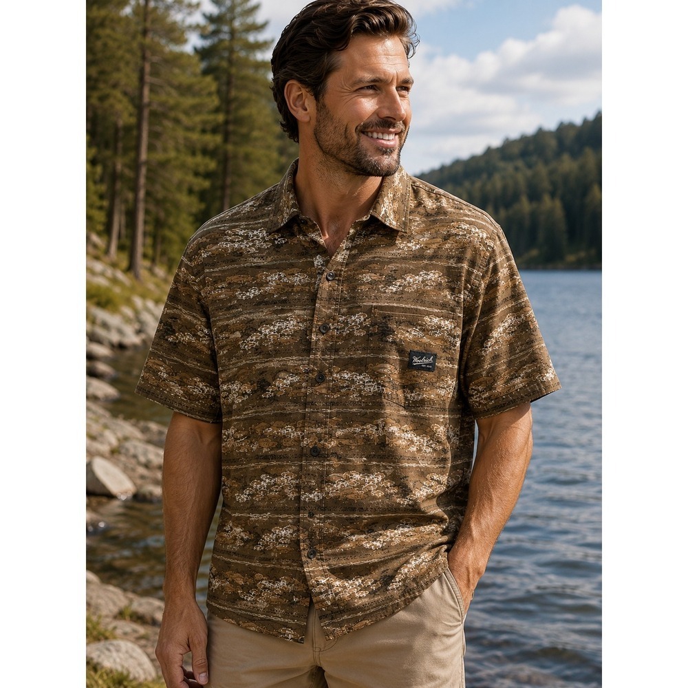 Woolrich Fish Print Shirt M 100% Cotton Brown Fishing Camp Outdoor Button Up